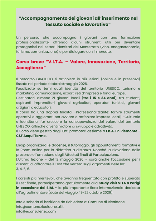 Corso V.I.T.A. – Valore, Innovazione, Territorio, Accoglienza